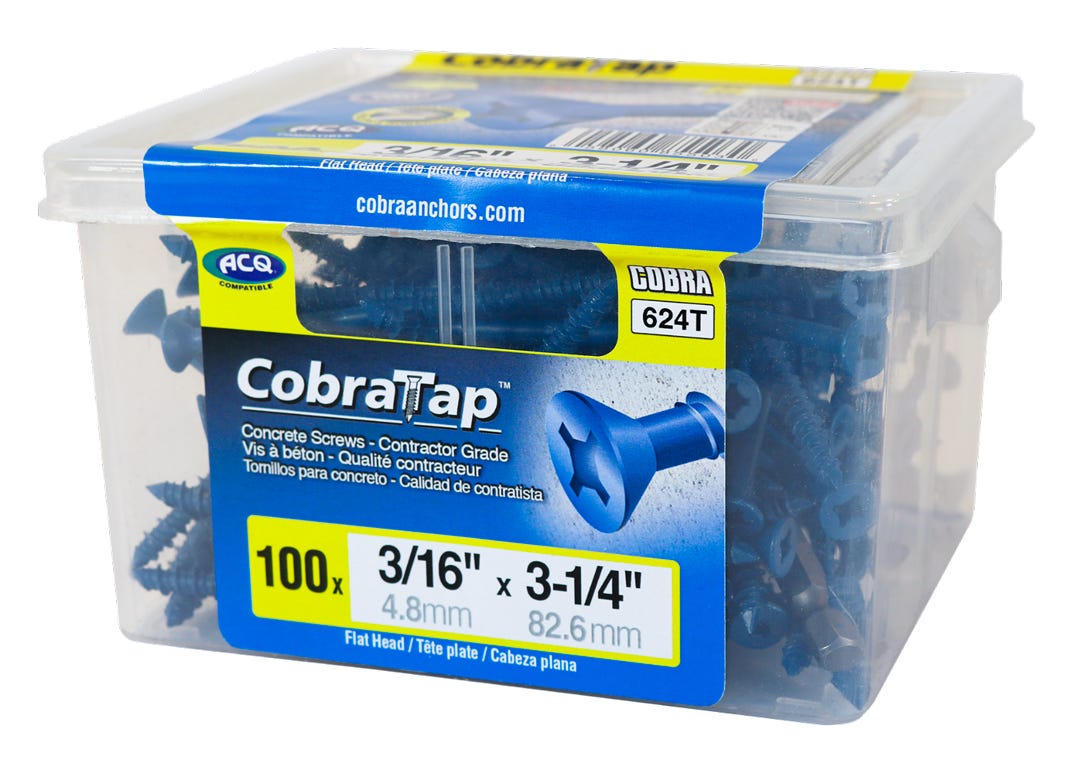 Flat Head Concrete Screw, 3/16 in. x 3-1/4 in. + Drill and Drive Bit, 100/Pack