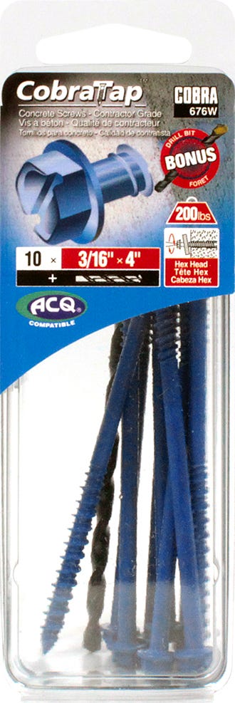 Hex Head Concrete Screw, 3/16 in. x 4 in. + Drill Bit, 10/Pack