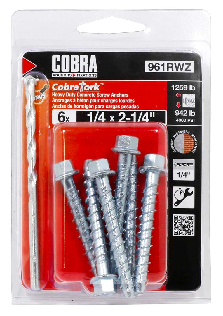 COBRATORK Anchoring Screws, 1/4 in. X 1-2/4 in. + Drill Bit, 6/Pack