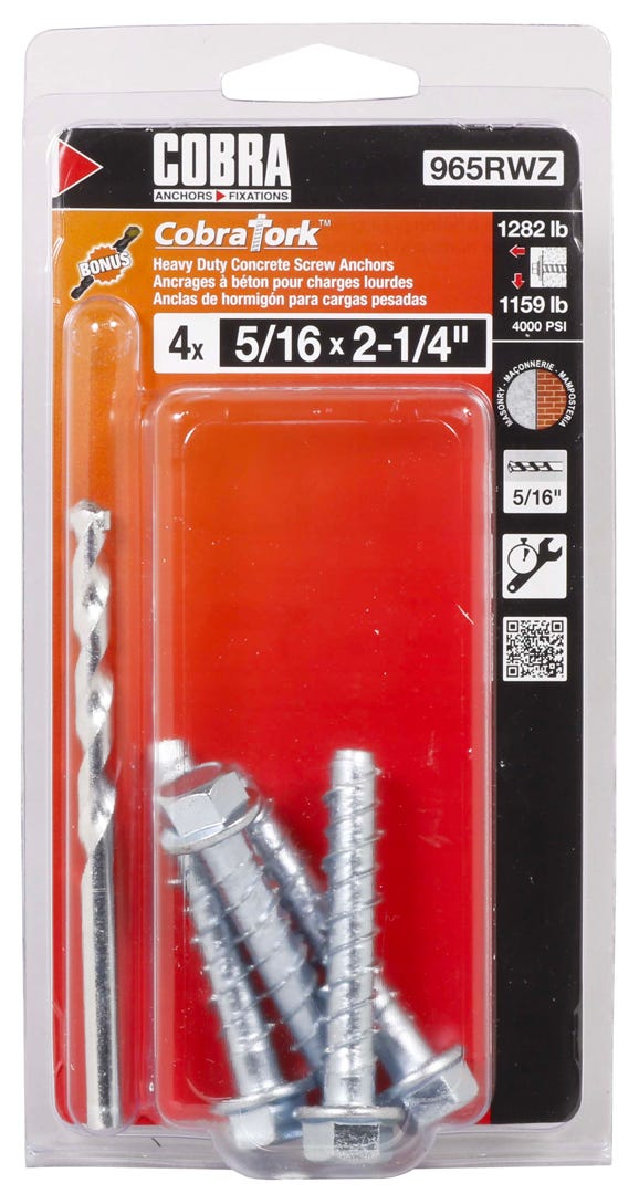 COBRATORK Anchoring Screws, 5/16 in. X 2-2/4 in. + Drill Bit, 4/Pack