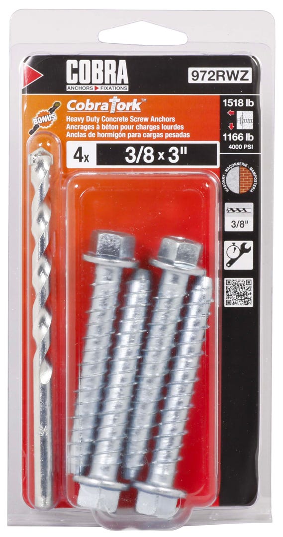 COBRATORK Anchoring Screws, 3/8 in. X 3 in. + Drill Bit, 4/Pack