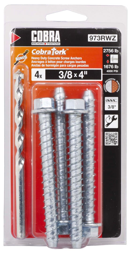 COBRATORK Anchoring Screws, 3/8 in. X 4 in. + Drill Bit, 4/Pack