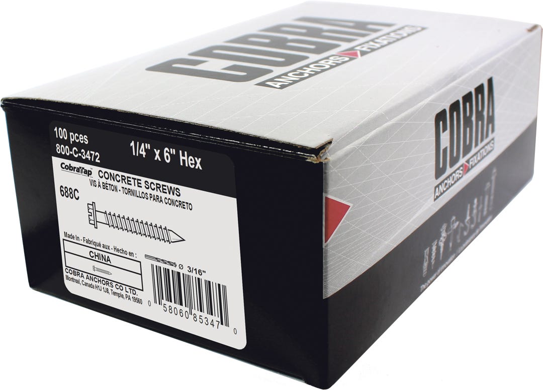 COBRATAP Concrete Screw with Hex Head, 1/4 in. x 6 in. + Drill Bit, 100/Pack