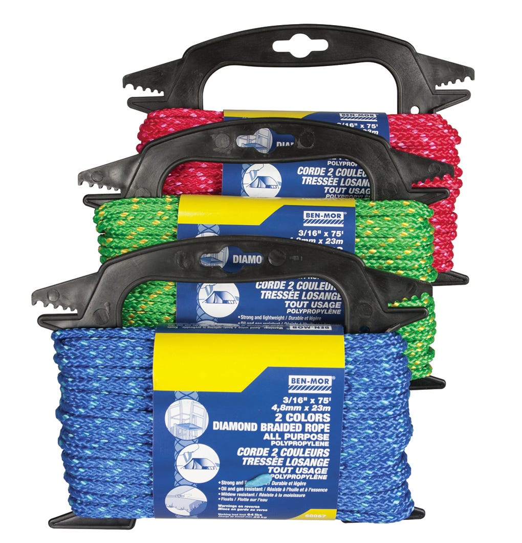 Diamond Braided Rope, Polypropylene, Handreel, Assorted, 3/16-in. X 75-ft.
