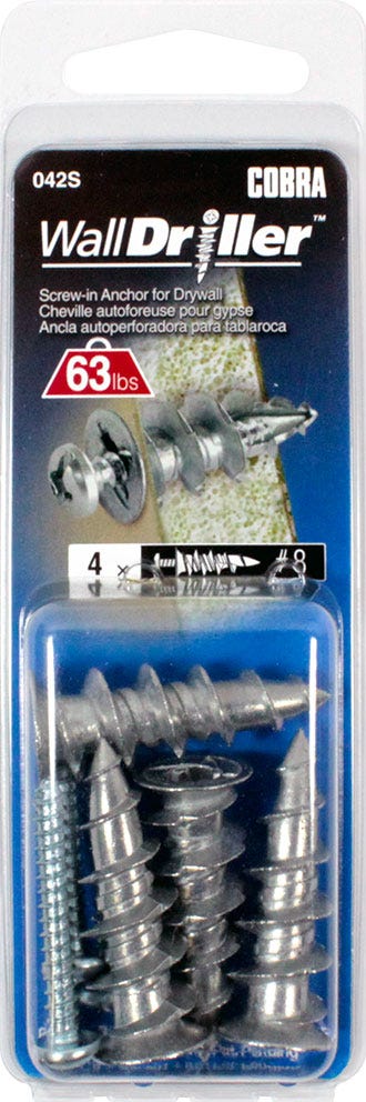 WALLDRILLER Drywall Anchor, #8L, + Screws x 1-1/4 in., 4/Pack