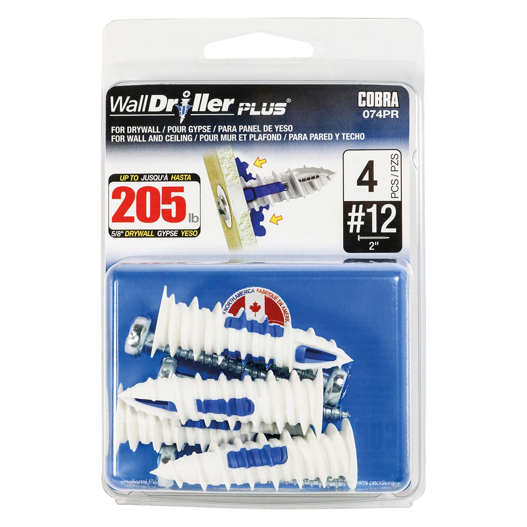 WALLDRILLER PLUS Self-Driling Anchors, #12, + Screws x 2 in., 4/Pack