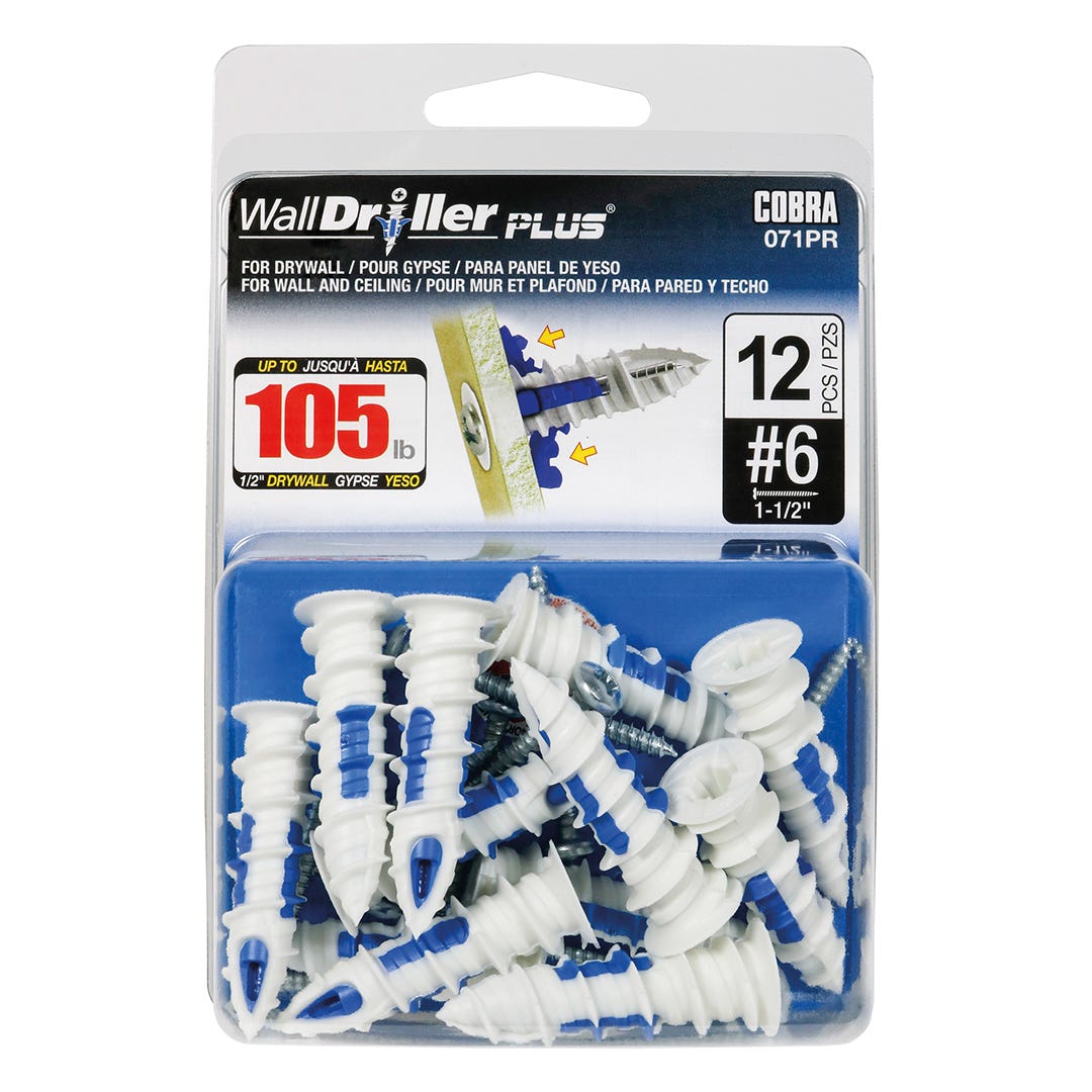 WALLDRILLER PLUS Self-Drilling Anchors, #6, + Screw x 1-1/2 in, 12/Pack