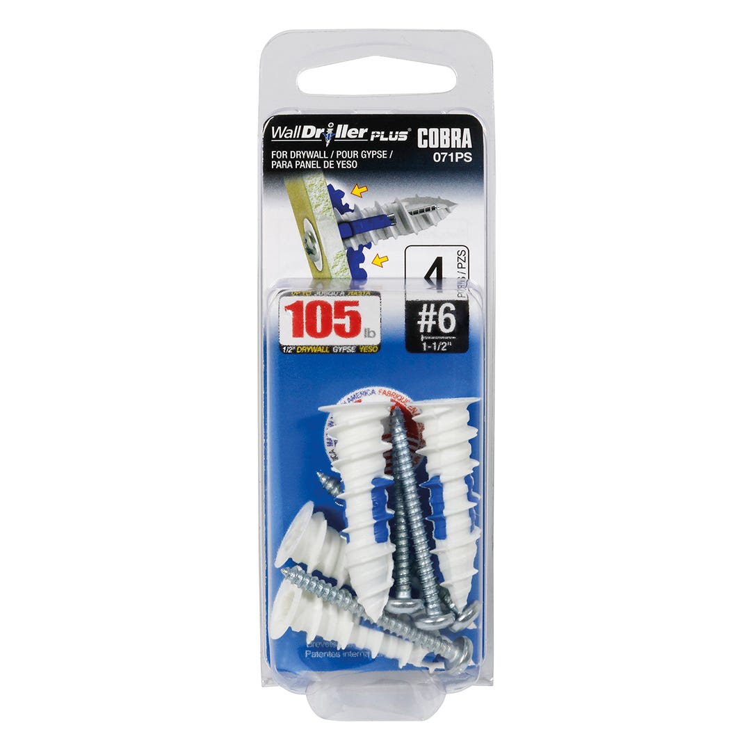 WALLDRILLER PLUS Self-Driling Anchors, #6, + Screws x 1-1/2 in., 4/Pack