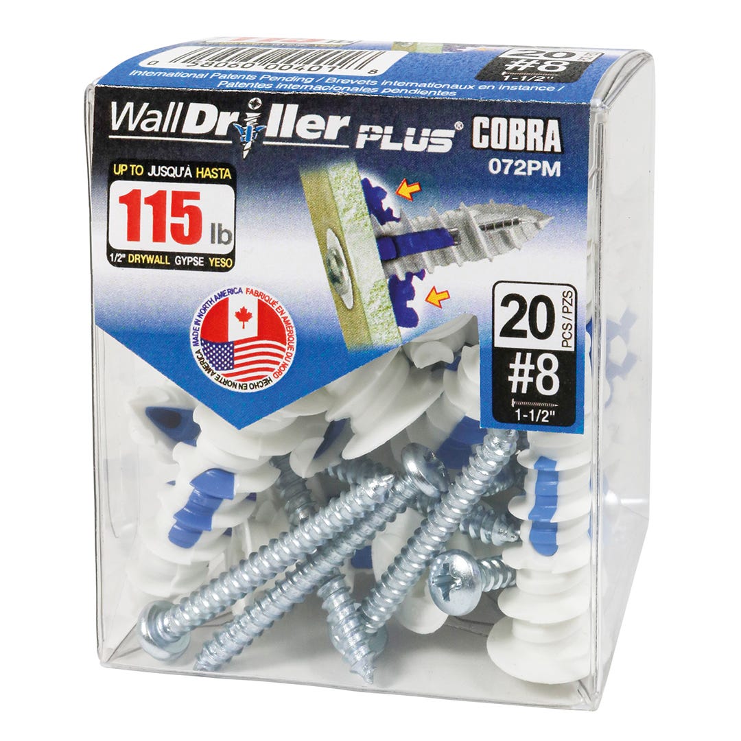 WALLDRILLER PLUS Self-Driling Anchors, #8, + Screws x 1-1/2 in., 20/Pack