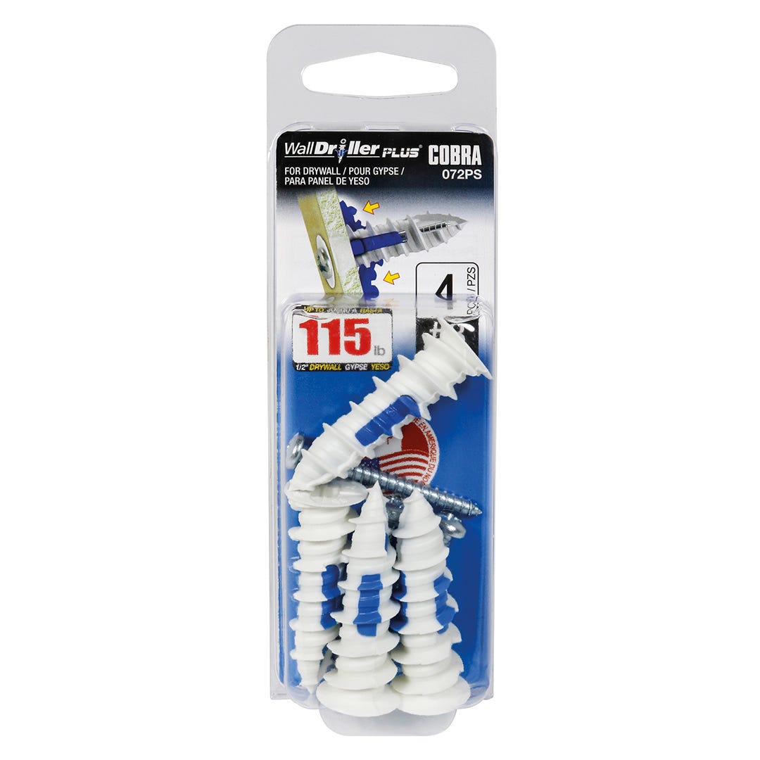 WALLDRILLER PLUS Self-Driling Anchors, #8, + Screws x 1-1/2 in., 4/Pack