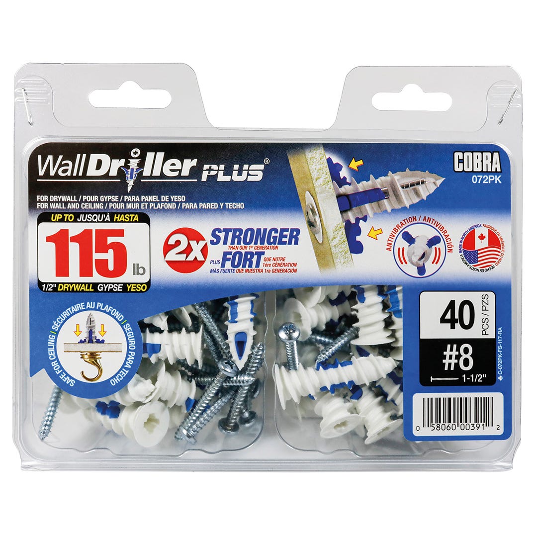 WALLDRILLER PLUS Self-Driling Anchors, #8, + Screws x 1-1/2 in., 40/Pack