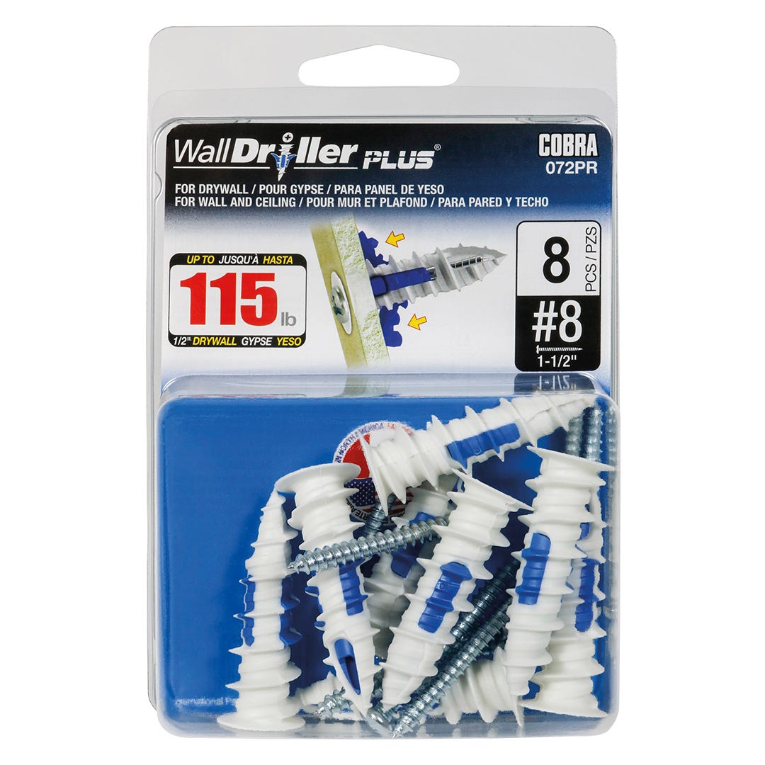 WALLDRILLER PLUS Self-Driling Anchors, #8, + Screws x 1-1/2 in., 8/Pack