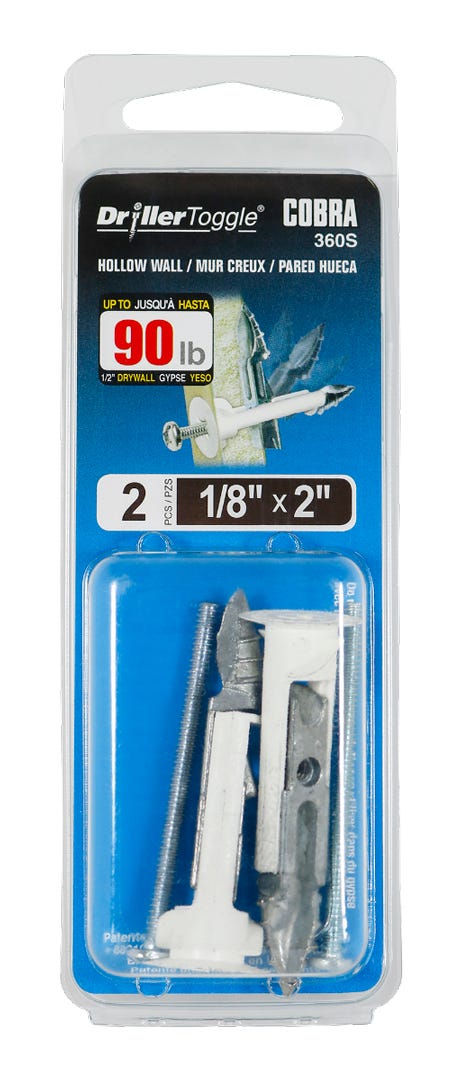 DRILLERTOGGLE Drywall Toggle Anchor, 1/8 in. + Bolts x 2 in., 2/Pack