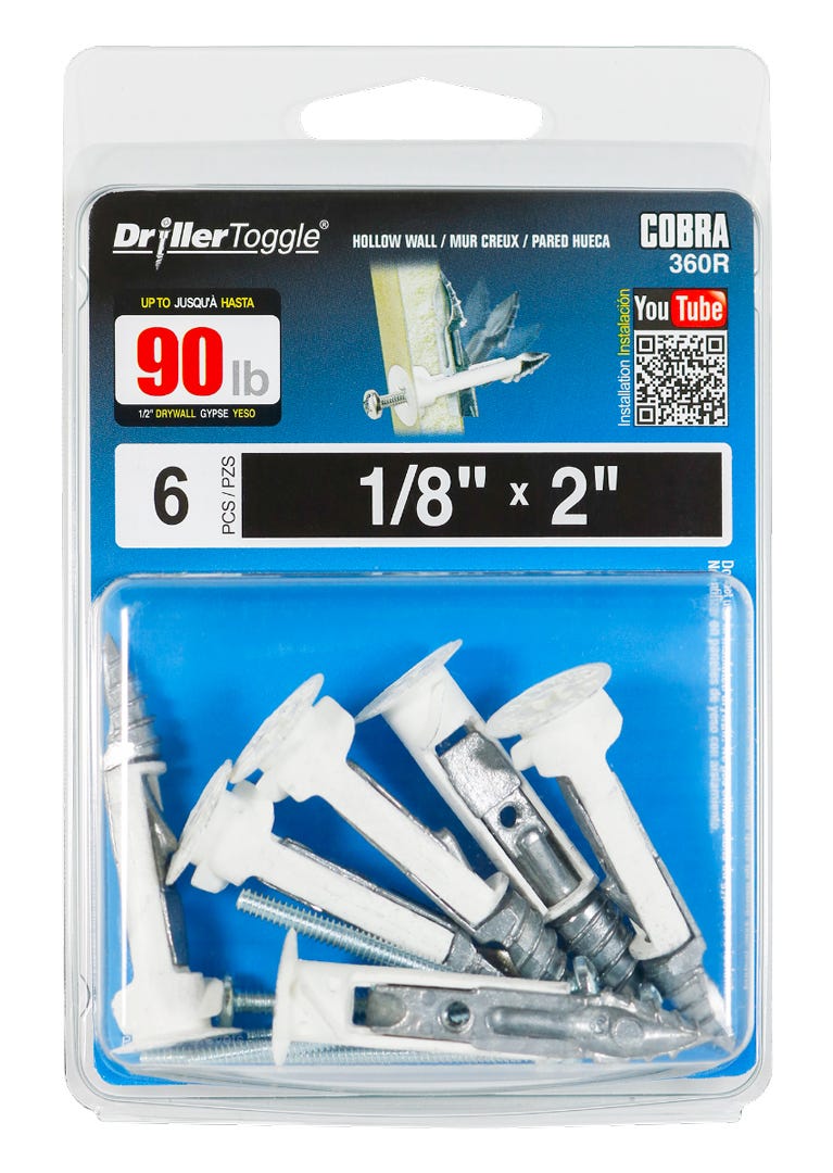 DRILLERTOGGLE Drywall Toggle Anchor, 1/8 in. + Bolts x 2 in., 6/Pack