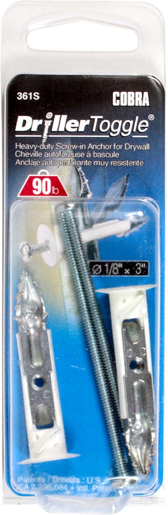 DRILLERTOGGLE Drywall Toggle Anchor, 1/8 in. + Bolts x 3 in., 2/Pack