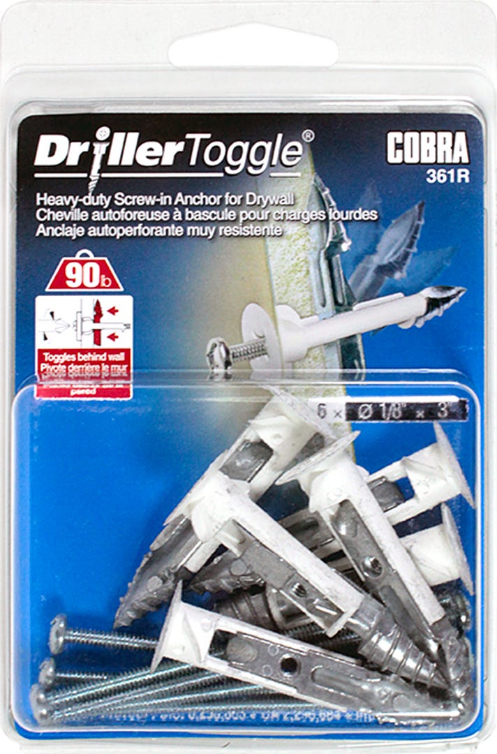 DRILLERTOGGLE Drywall Toggle Anchor, 1/8 in. + Bolts x 3 in., 6/Pack