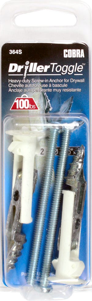 DRILLERTOGGLE Drywall Toggle Anchor, 3/16 in. + Bolts x 3 in., 2/Pack