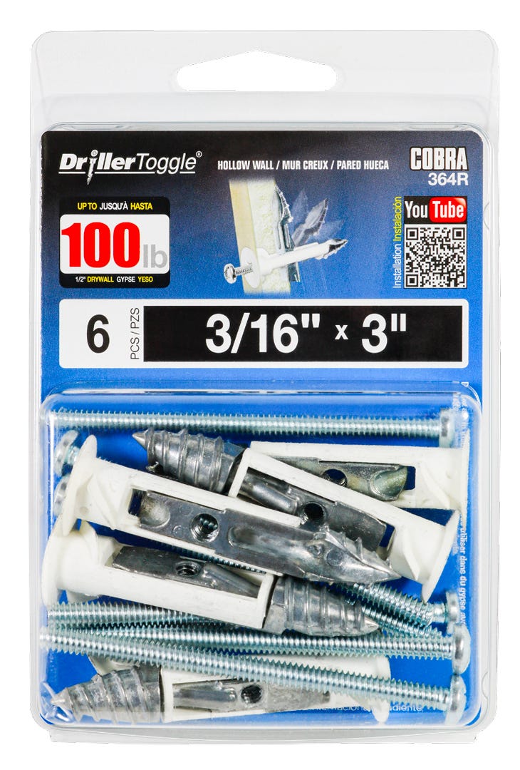 DRILLERTOGGLE Drywall Toggle Anchor, 3/16 in. + Bolts x 3 in., 6/Pack