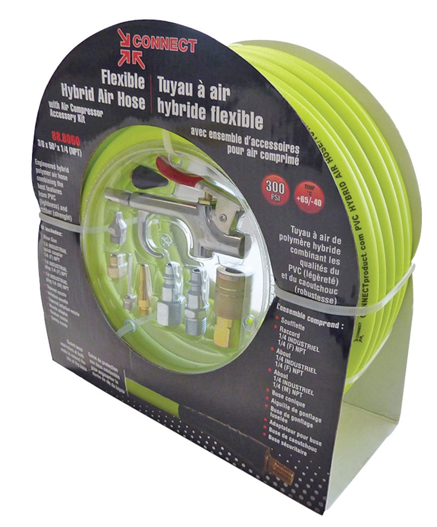 Flexible hybrid air hose with air compressor accessory kit