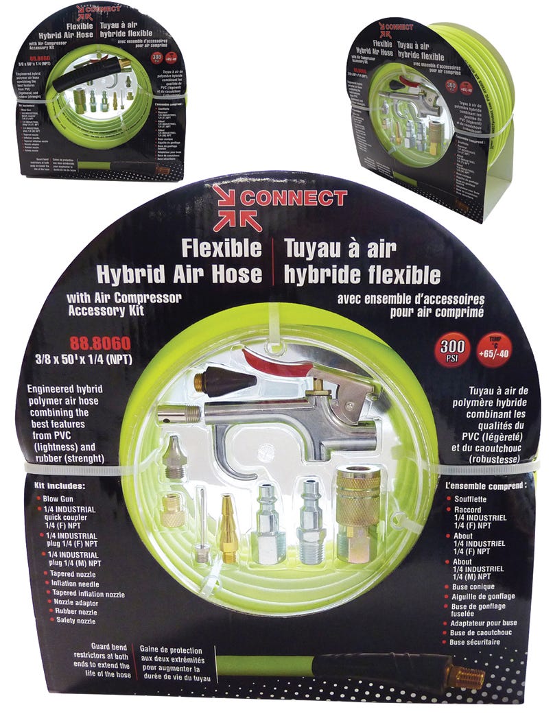 Flexible hybrid air hose with air compressor accessory kit
