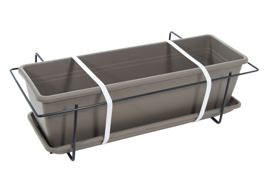 Balcony Planter with Saucer & Metal Support, 50 Cm, Brown