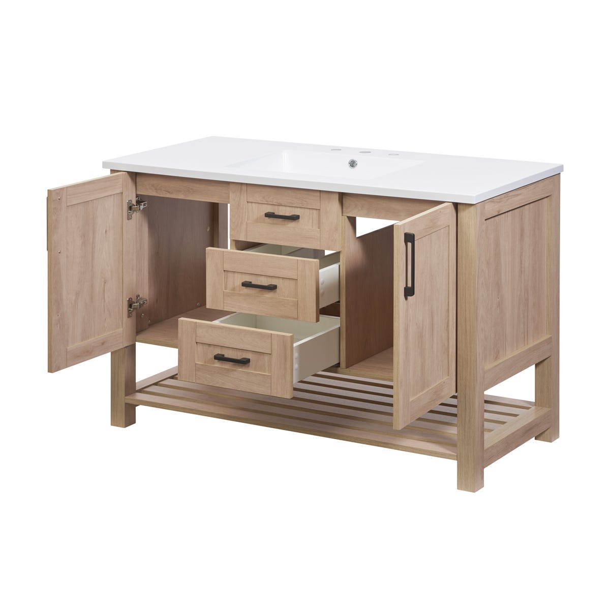 BOSSY, Free-Standing Vanity, 49 in. 2 Doors and 3 Dawes, Birch