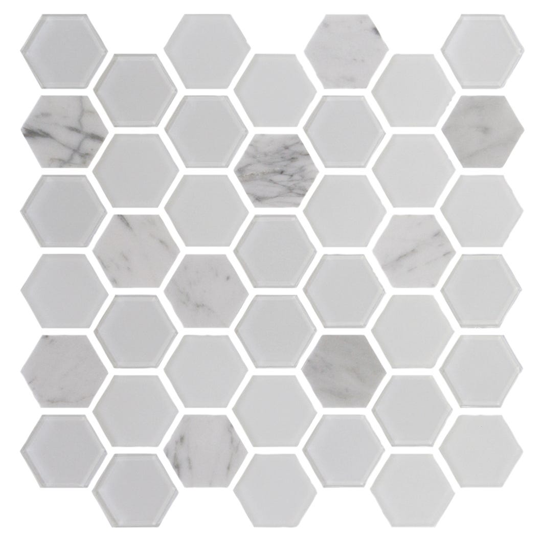 EXAGON Glass Mosaic Wall Tile, 2 in. x 2 in., Glossy White