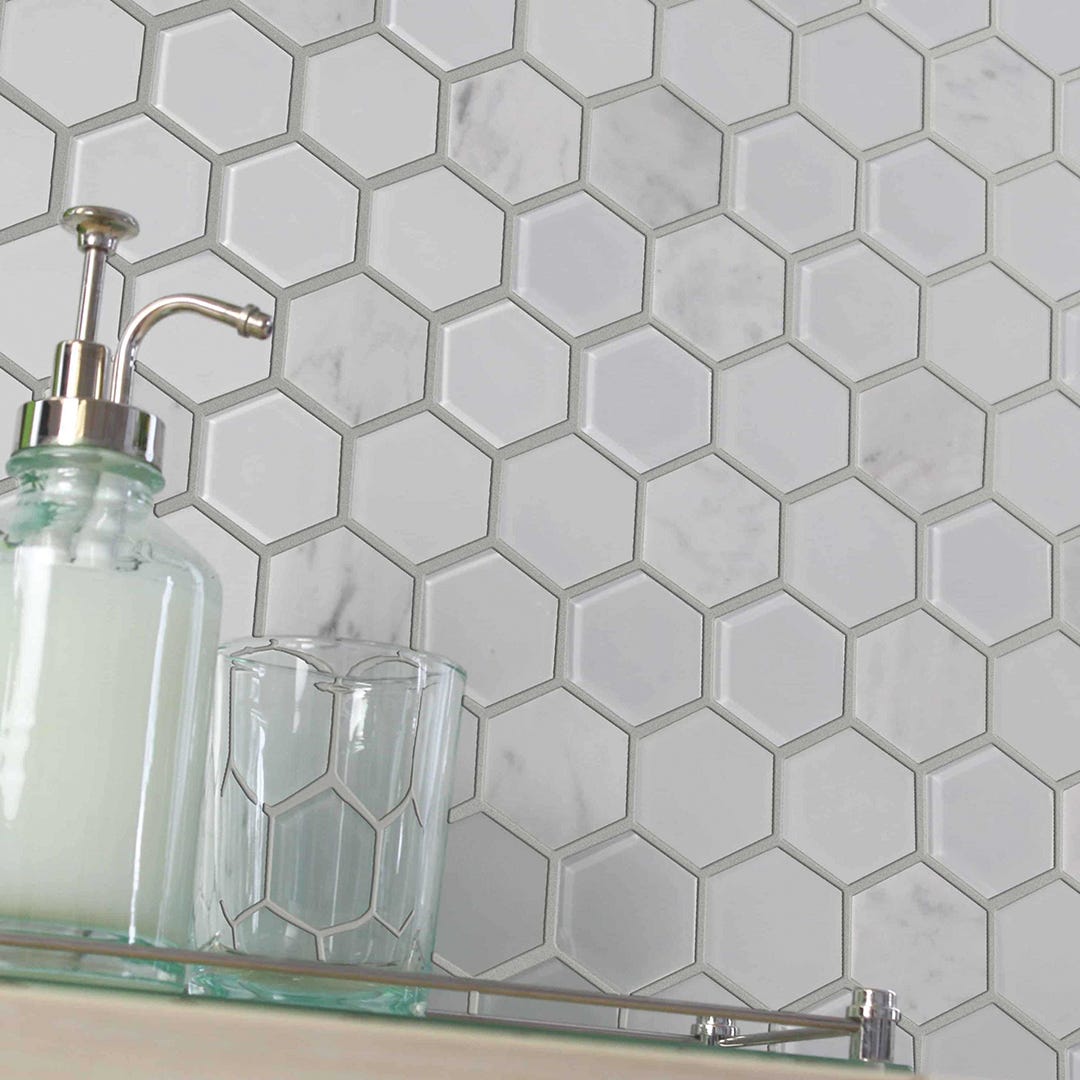 EXAGON Glass Mosaic Wall Tile, 2 in. x 2 in., Glossy White