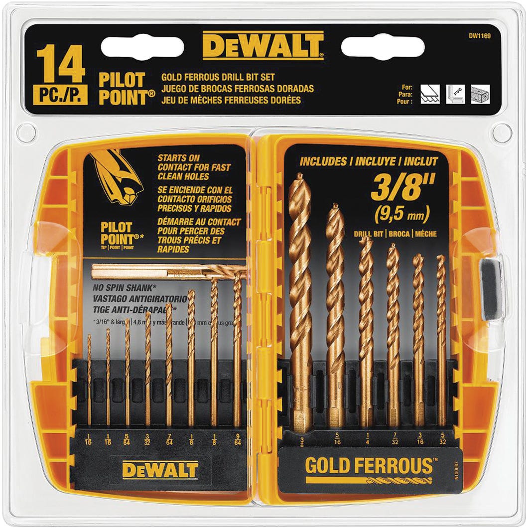 Gold ferrous drill bit kit for fast clean holes - 14 pieces