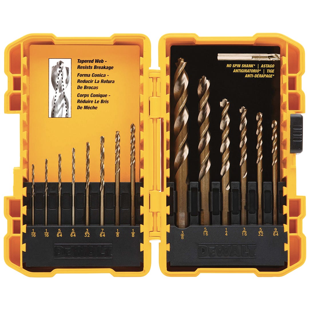 Gold ferrous drill bit kit for fast clean holes - 14 pieces