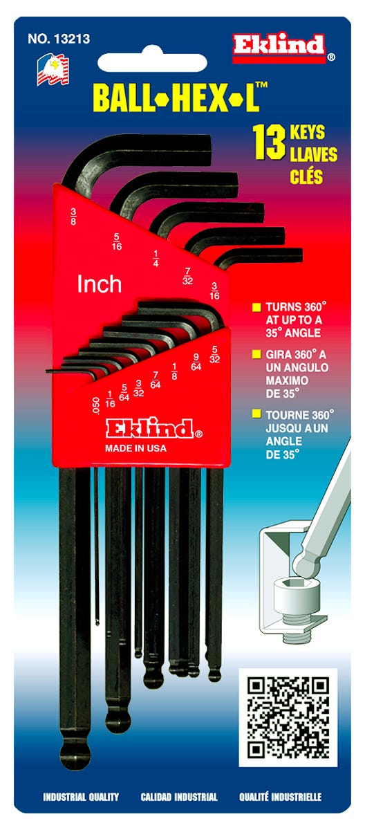 BALL-L-KEY Shaped Hex Key Set, Long Series, 0.050-inc. X 3/8-in.