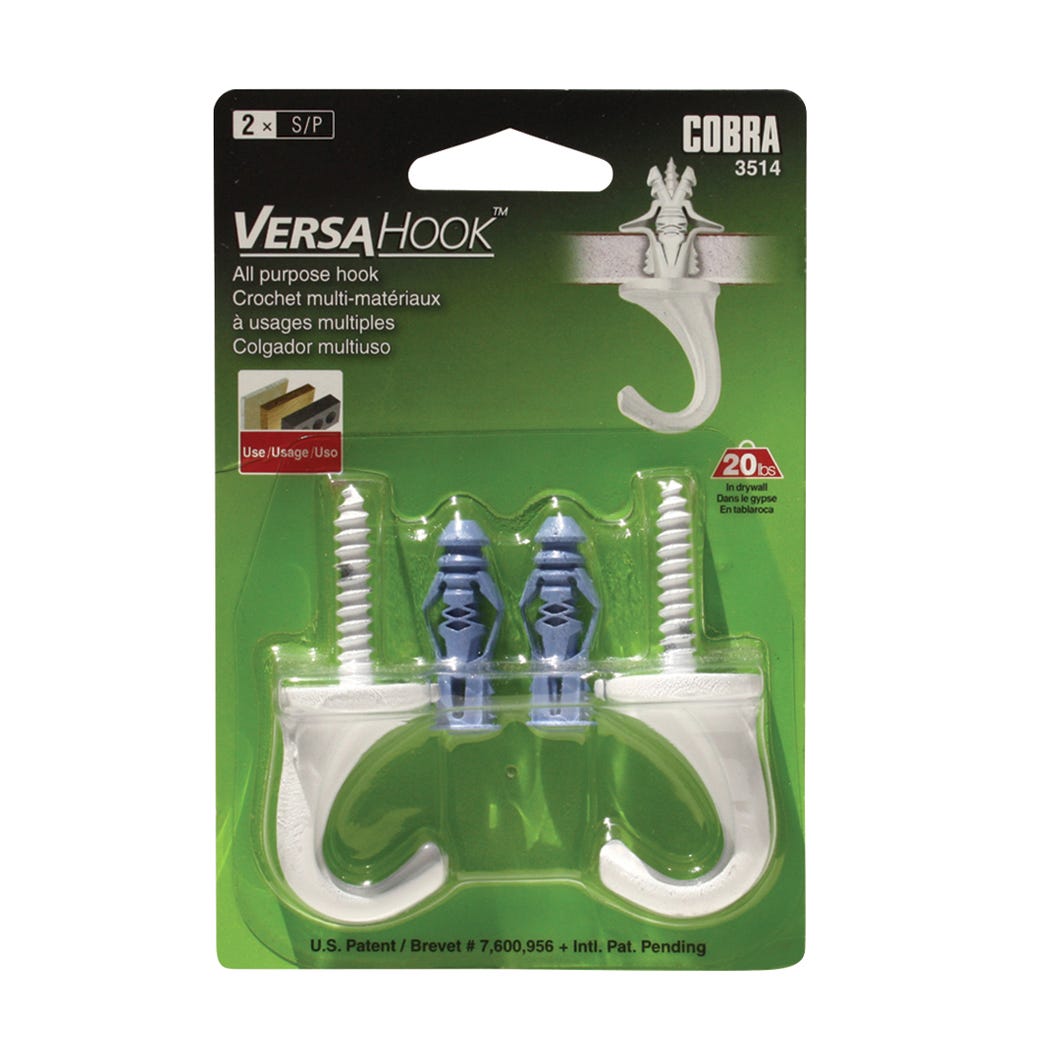 VERSAHOOK Small Ceiling Hook with Triple Grip, #10, White. 2/Pack