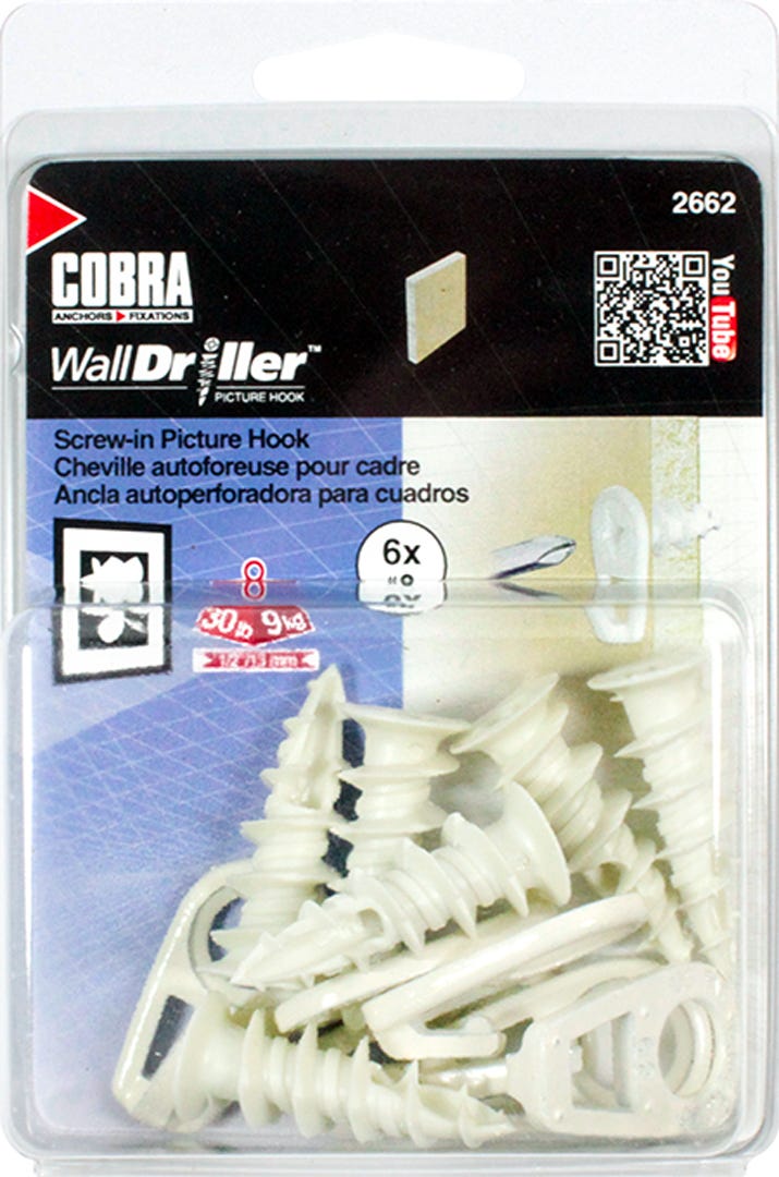 WALLDRILLER Hook for Picture 50 to 70 lbs, #8, White, 6/Pack