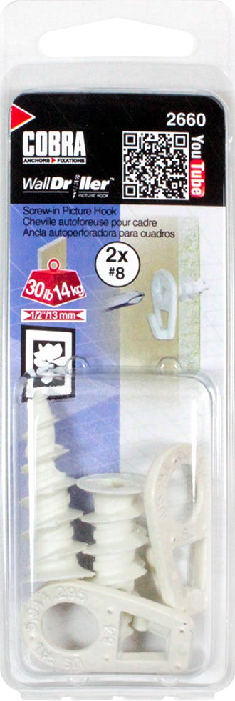 WALLDRILLER Hook for Picture, #8, White, 2/Pack