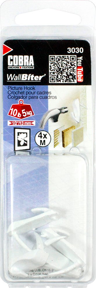 WALLBITER Hook for Medium Picture, White, 4/Pack