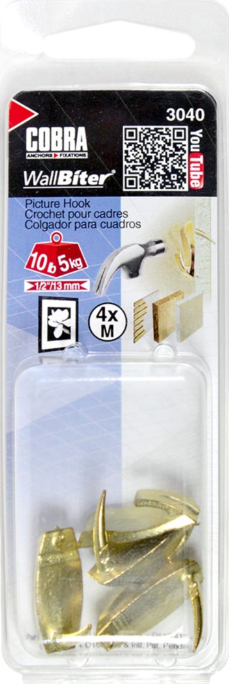 WALLBITER Hook for Medium Picture, Brass, 4/Pack