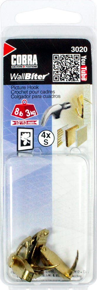 WALLBITER Hook for Small Picture, Brass, 4/Pack