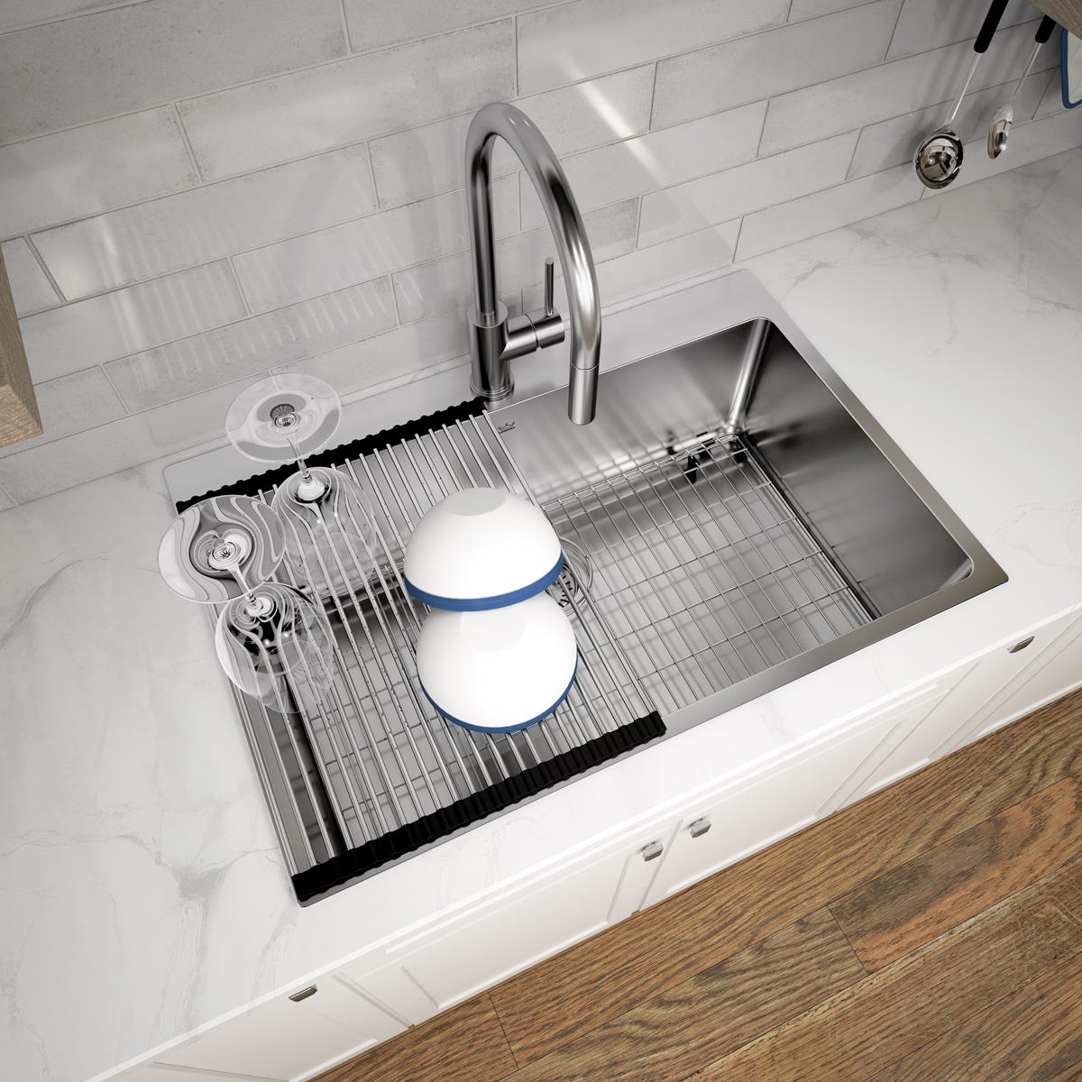 Kitchen sink, large single bowl, stainless steel + workstation