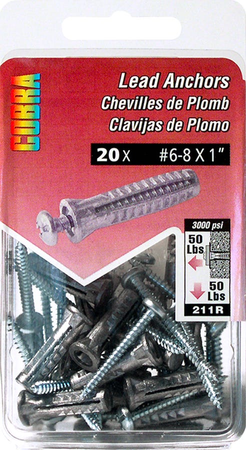 Lead Dowel, #6 and #8, + Screws x 1 in., 20/Pack