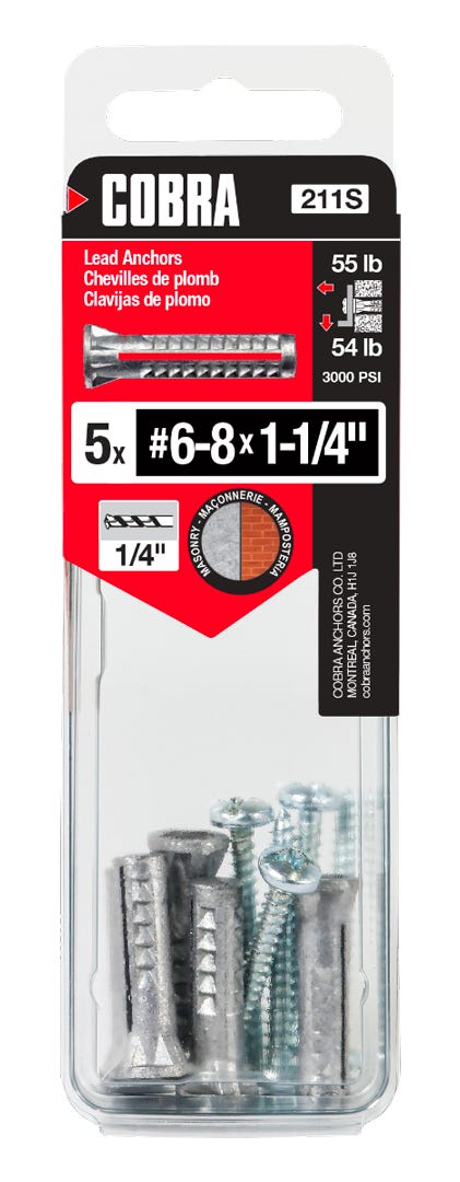 Lead Dowel, #6 and #8, + Screws x 1-1/4 in., 5/Pack