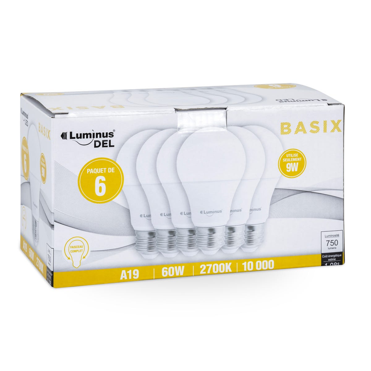 Non-Dimmable LED Bulb, A19, 9W, 2700K, 6/Pack