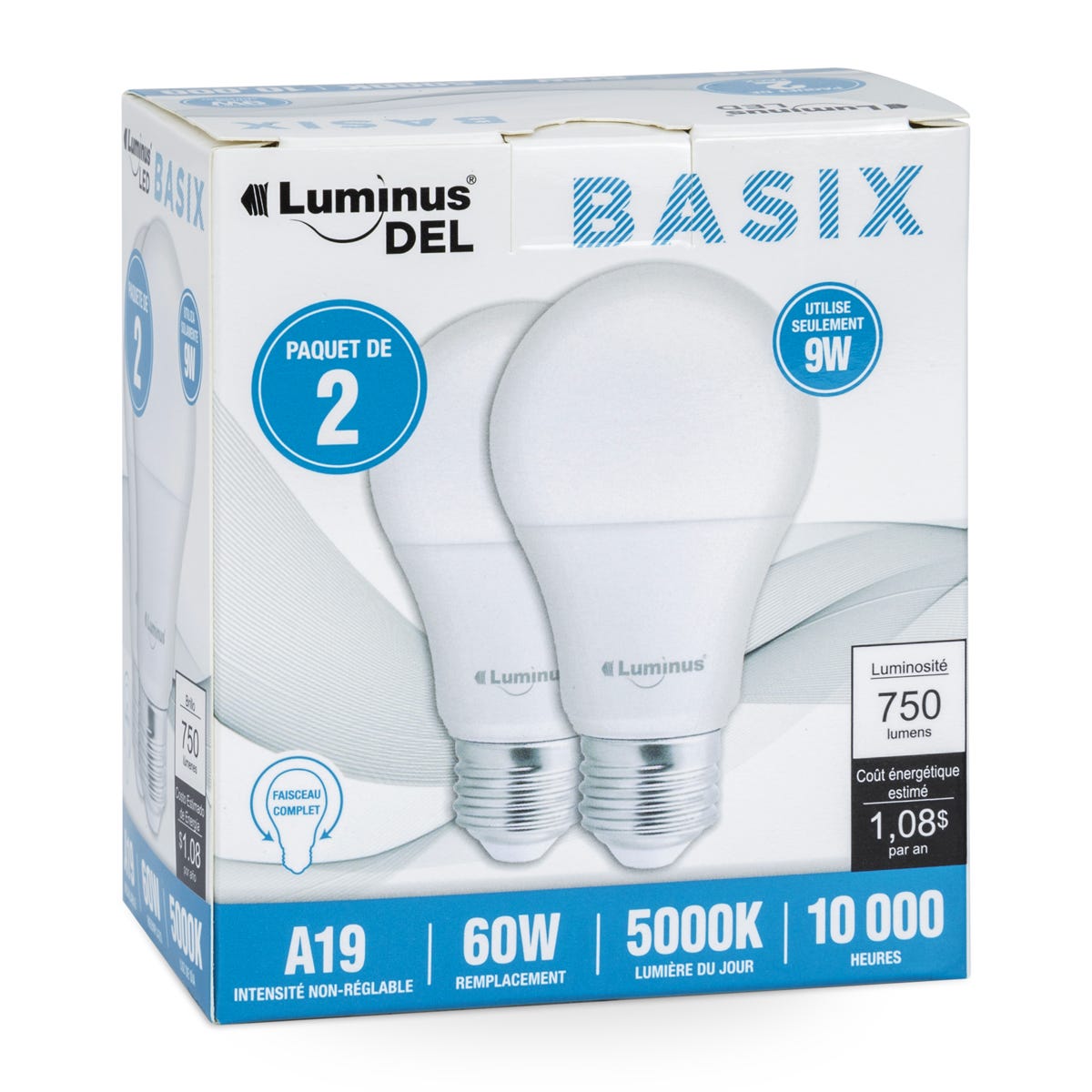 Non-Dimmable LED Bulb, A19, 9W, 5000K, 2/Pack