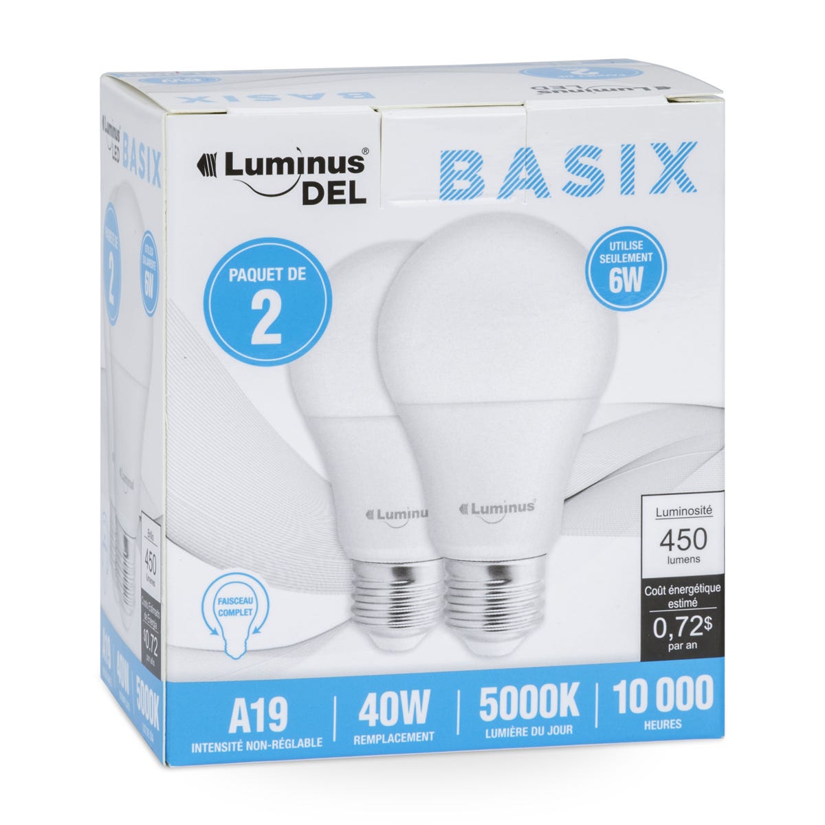 Non-Dimmable LED Bulb, A19, 6W, 5000K, 2/Pack