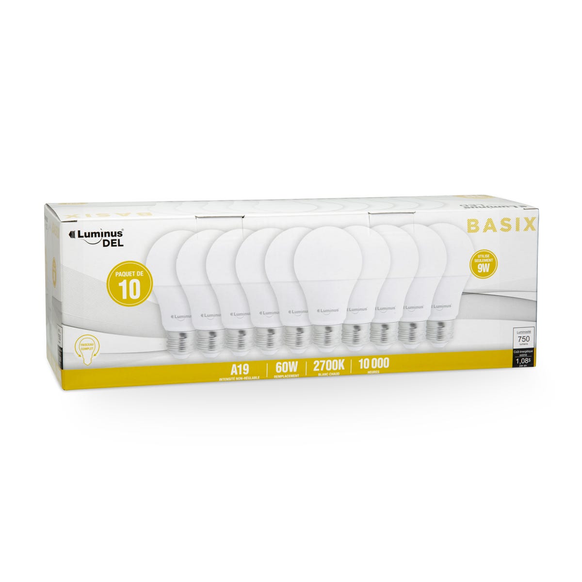 Non-Dimmable LED Bulb, A19, 9W, 2700K, 10/Pack