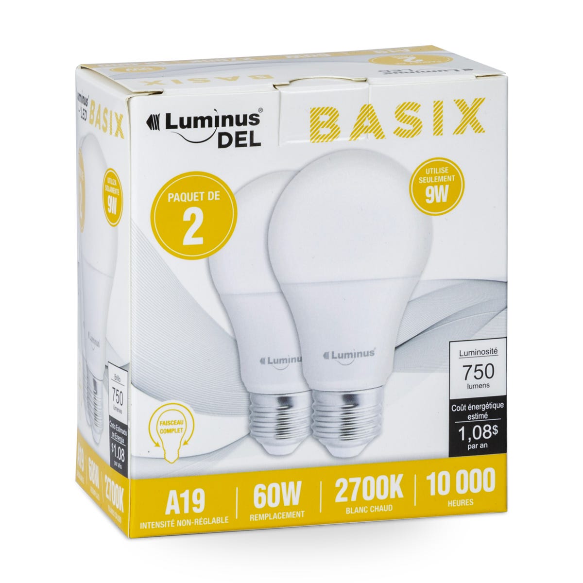 Non-Dimmable LED Bulb, A19, 9W, 2700K, 2/Pack