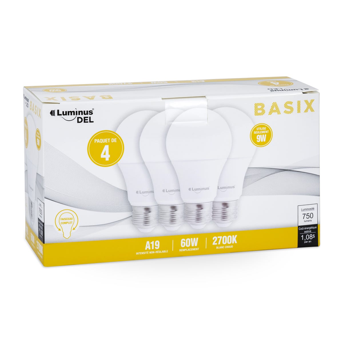 Non-Dimmable LED Bulb, A19, 9W, 2700K, 4/Pack