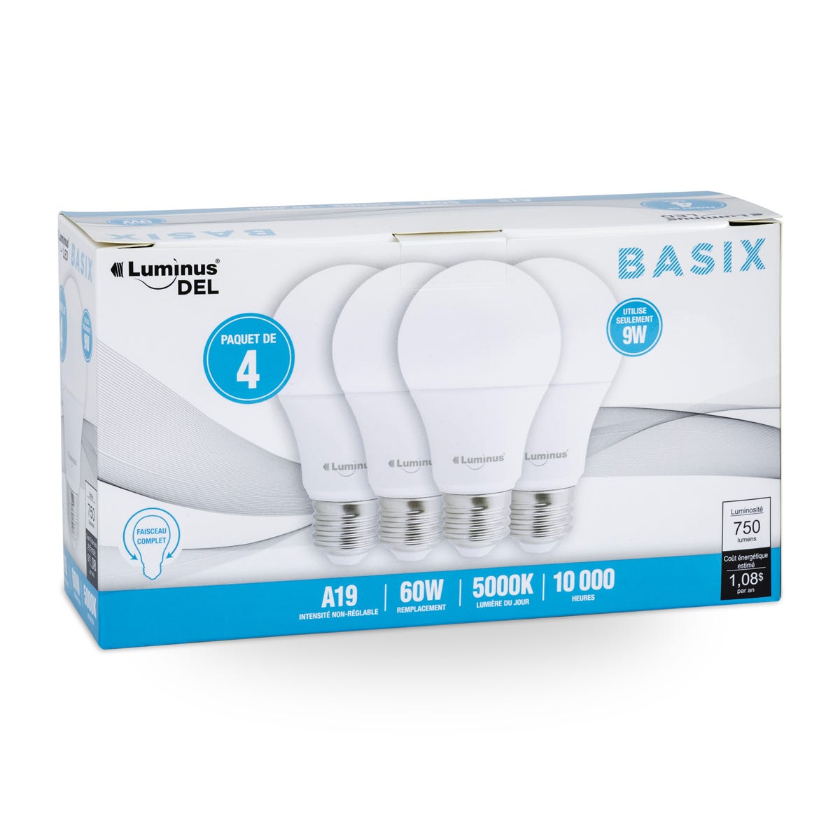 Non-Dimmable LED Bulb, A19, 9W, 5000K, 4/Pack
