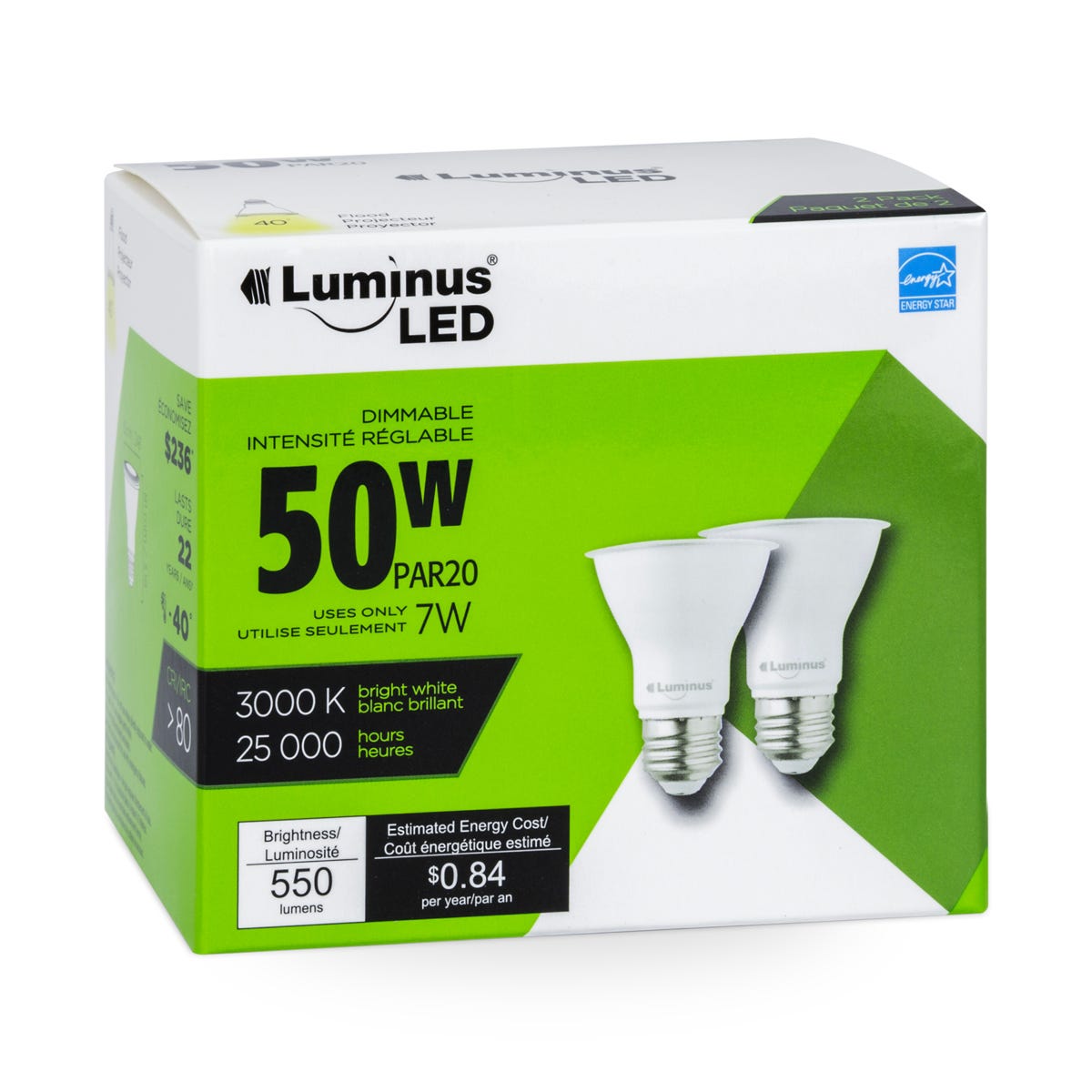 LED Bulb, PAR20, 7W, 3000K, 2/Pack