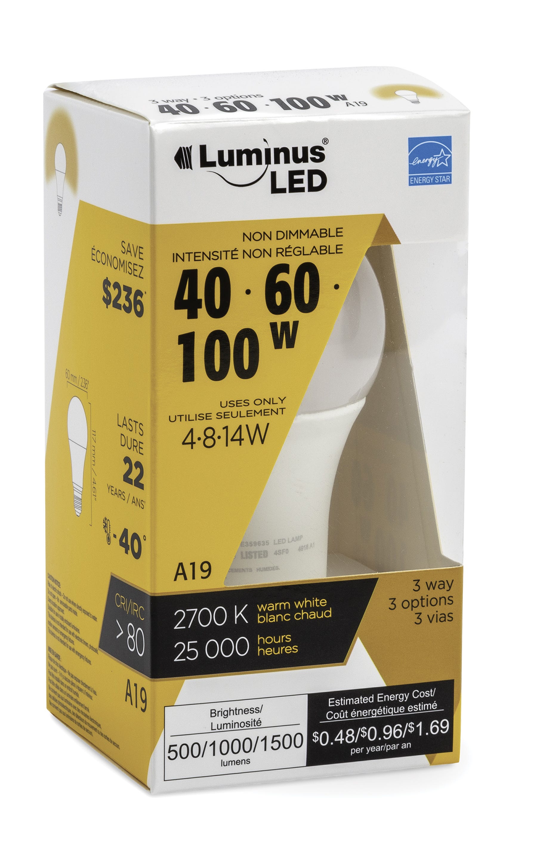 LED Bulb, 3 intensities, A19, 2700K
