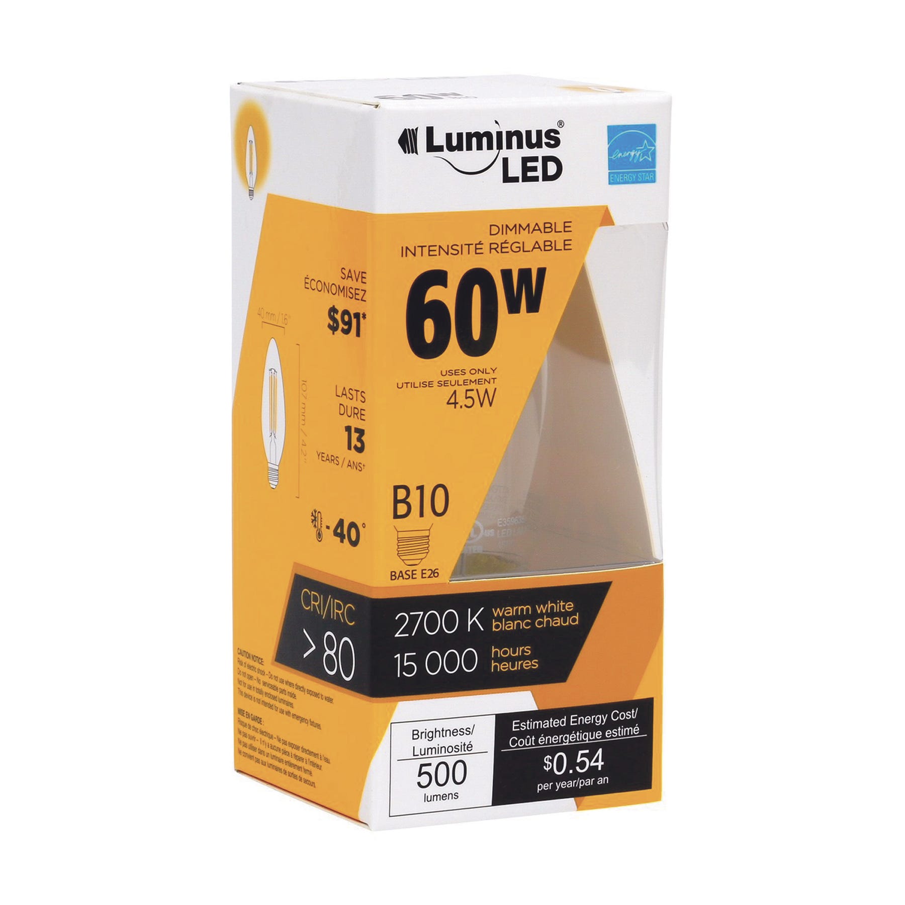 LED Filament Bulb, B10, 4.5W, 2700K